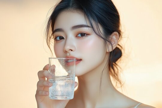 backlit portrait of a person with dark loose bun holding a cold glass of water, soft warm glow and calm refreshing mood