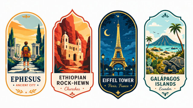 Vintage Travel Stickers: Ephesus, Rock-Hewn Churches, Eiffel Tower, Galapagos Islands