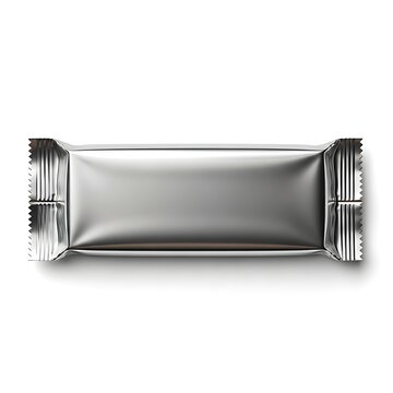 Shiny silver foil wrapped rectangular candy bar or chocolate wrapper on white background