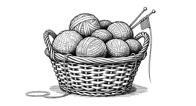 Detailed black and white illustration of a woven basket filled with knitting wool and needles, showcasing intricate textures and shading on a white background