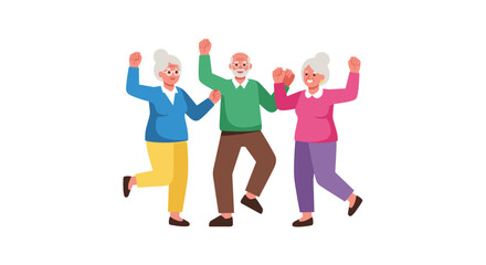 Fototapeta premium Joyful seniors dancing together in colorful outfits, celebrating with lively expressions on a white background