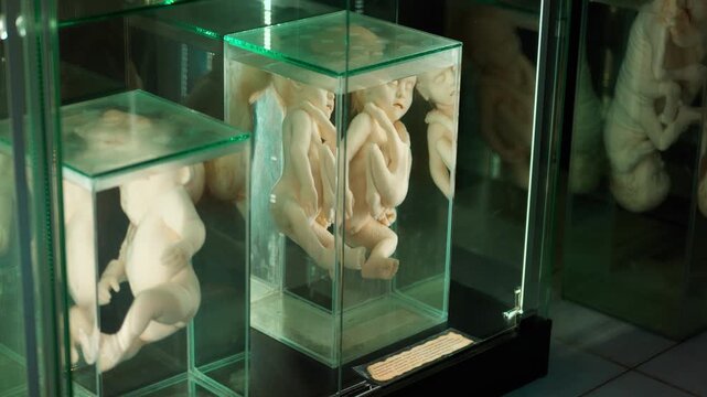 Exhibition of anatomical exhibits. A human infant with the pathological development of anencephaly
