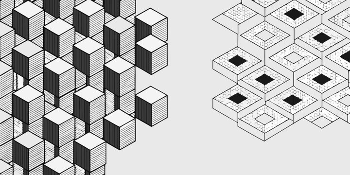 Isometric cube pattern black and white 3d illustration