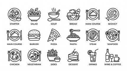 A comprehensive collection of minimalist line icons representing various food dishes and beverages.