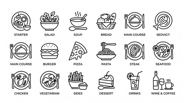 A comprehensive collection of minimalist line icons representing various food dishes and beverages.