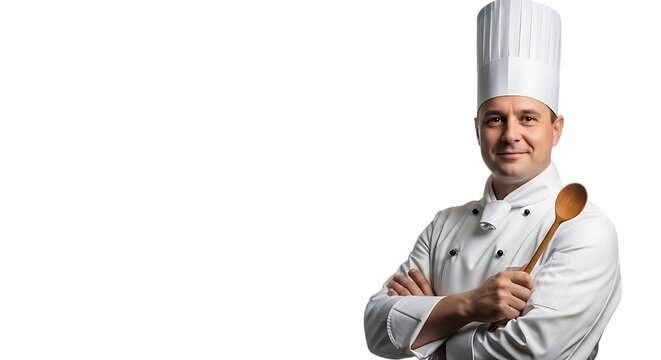 Professional chef in uniform holding wooden spoon as transparent object