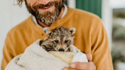 Fototapeta premium A caring man tenderly holds a baby fox wrapped in a blanket, highlighting the bond between humans and wildlife, and conveying love and compassion for animals.