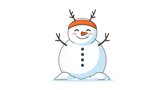 Adorable snowman character wears an orange headband and has small brown reindeer antlers for a playful and festive holiday illustration.