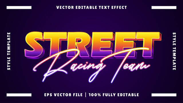 Dynamic Street Racing Team Text Effect with Vibrant Neon Colors and Editable Vector Style Template