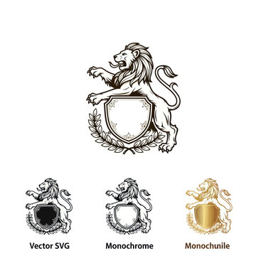 Lion Heraldic Emblem, Crest with Shield and Laurel Wreath - Vector, Monochrome, Gold