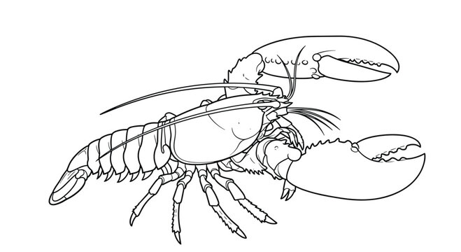 Detailed black and white line drawing depicts a lobster with its large claws, antennae, and segmented shell in a scientific style.