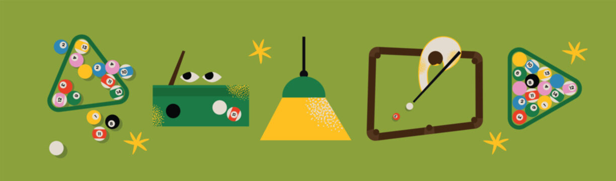 Flat Vector Illustration Collection of Billiards and Pool Equipment Featuring Snooker Tables, Cues, Colorful Numbered Balls in Racks, and Pendant Lamps for Sport Gaming and Leisure Hobby Concept