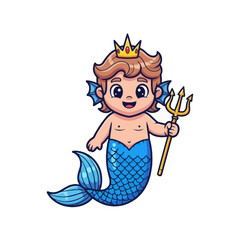 Cute Merman King with Trident and Crown, Fantasy Underwater Character © nia