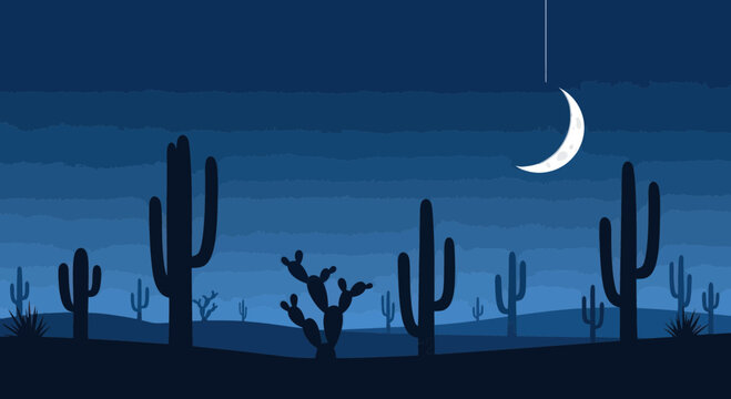 Desert night landscape with saguaro cacti under a crescent moon and starry sky