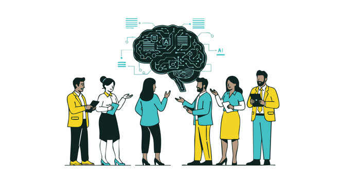 Group of people discussing artificial intelligence brain diagram