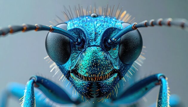 Close-up of blue insect face with antennae.