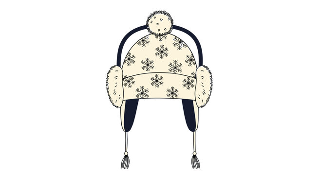Warm winter trapper hat with fluffy ear flaps and a pom pom features a festive snowflake pattern in a light cream color.