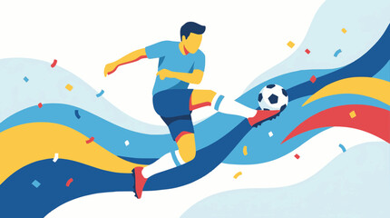 Fototapeta premium Vector professional soccer player kicking ball with dynamic colorful abstract waves and confetti background
