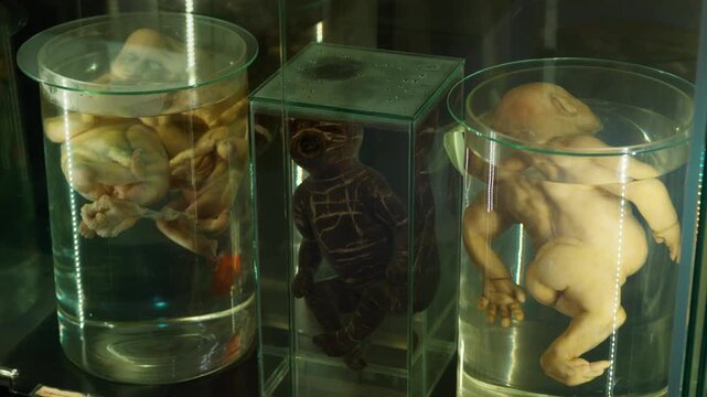 Exhibition of anatomical exhibits. A human infant with the pathological development of anencephaly