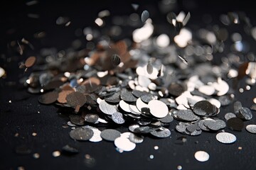 Fototapeta premium Silver metallic confetti scattered and falling against a dark background