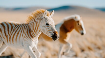 Obraz premium Two uniquely striping zebras gallop across golden plains, emphasizing the natural beauty of wildlife and the captivating patterns of these majestic creatures in their habitat.