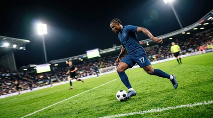 Naklejka premium Soccer player dribbling ball during night stadium match