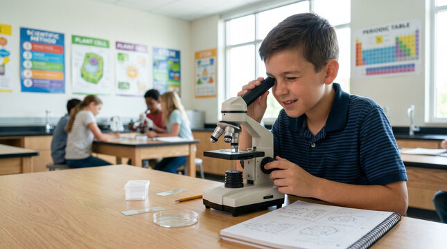 Boy studying through microscope in classroom during science lesson  