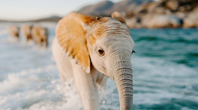 This image captures a playful elephant moving through the water, creating splashes against a backdrop of scenic natural beauty. A joyful moment in the wild.