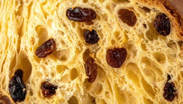 Close-up of a Slice of Panettone Bread with Raisins.