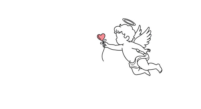 Sweet little angel or cherub figure with wings flies through the air while holding a small heart shaped balloon on a string.