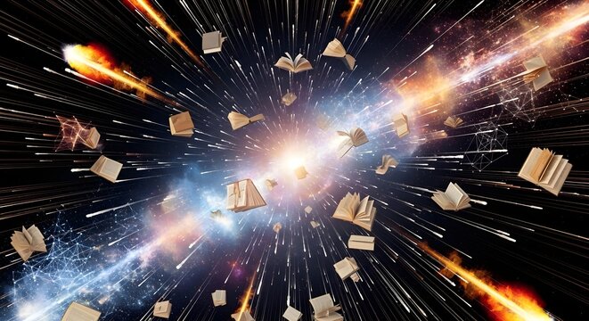 Books exploding from a bright cosmic center, representing the vastness of knowledge, education, and the rapid spread of information across the universe.