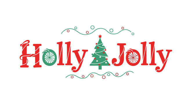 Decorative text reading holly jolly in red font accompanied by a green Christmas tree and swirling lines for holiday season celebrations.