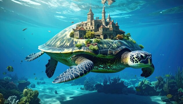 Fantasy Turtle Island - A Castle on a Sea Turtles Back.