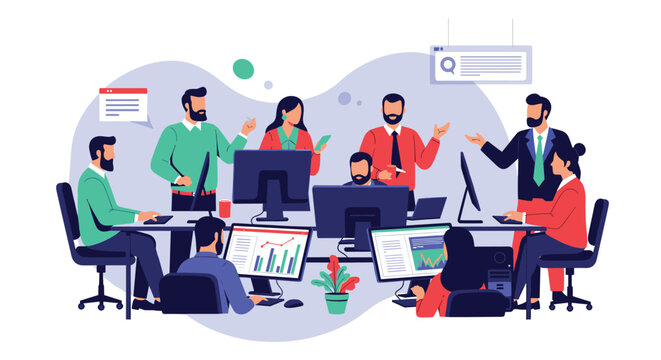 Large team of developers and designers work together in a busy open-plan office with multiple computer monitors.