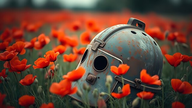 A rusted steel helmet lies among red poppies in a field, fitting cultural heritage reports, museum guides, and event program materials.