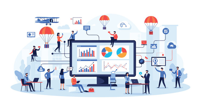 Large group of people collaborates on a data dashboard project with parachutes delivering icons and information.