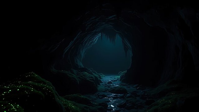 A dark underground cavern glows with moss on wet walls, supporting ESG reports and environmental awareness campaign visuals.