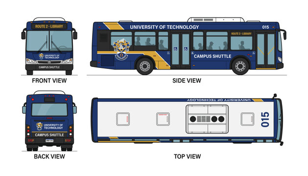 University of Technology campus shuttle bus front side back top views vector.