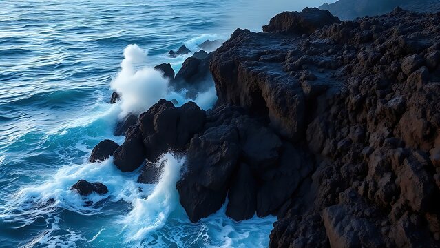 At sunset, lava meets the ocean, forming black volcanic rock and rising steam for destination branding and travel planning content.