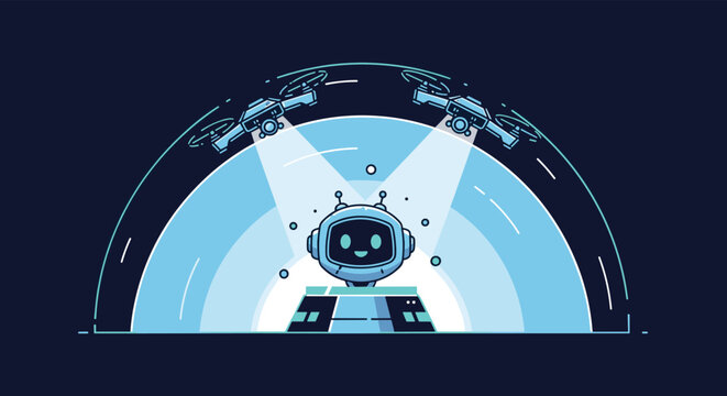 Futuristic concept shows a friendly robot protected by a blue shield dome with security drones patrolling above.