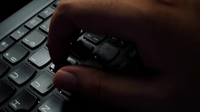 Hand on computer keyboard keys, close-up of typing controls and shortcut buttons, technology work productivity tools
