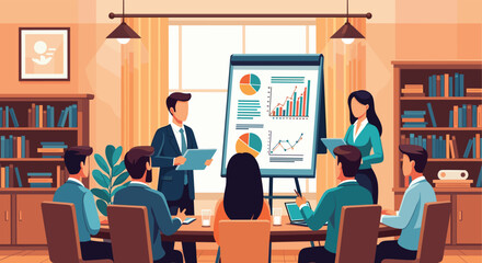 Fototapeta premium Business team attending a data analysis presentation in a professional boardroom with bookshelves and large charts on a flipchart.