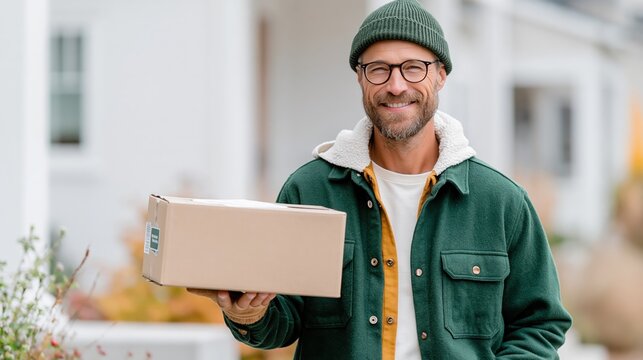 A cheerful man presents a package with a warm smile while standing outside a home, emphasizing friendly service and community connection in today's fast-paced world of deliveries.