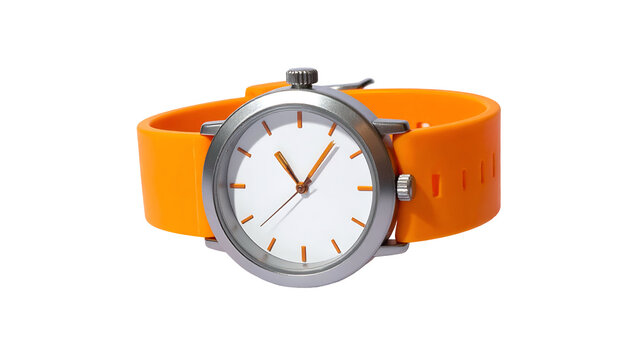A close-up shot of a modern wristwatch with a silver face, orange band, and black background