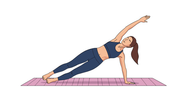 Young woman performing a side plank yoga pose on a purple mat over a clean white background for fitness and wellness.