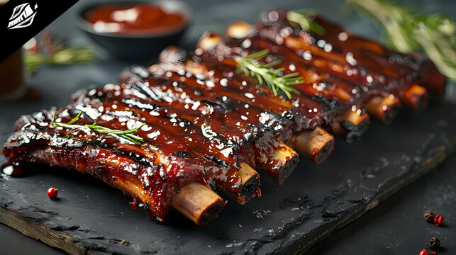 Beef ribs glazed with BBQ sauce glisten with rich barbecue sauce glaze, glazed beef rib food styling art.
