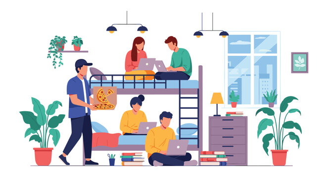 Group of students relaxing and studying in a dormitory room with bunk beds, laptops, plants, and a person bringing pizza.