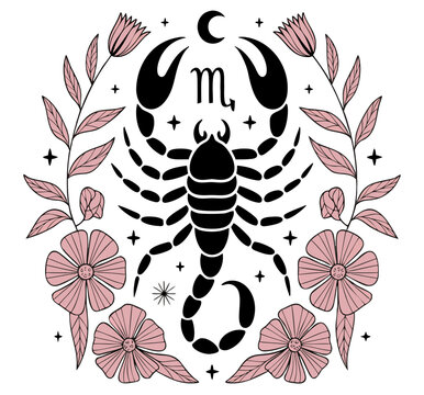 feminine and elegant yet slightly edgy image of a scorpion surrounded by delicate botanical flowers and leaves
