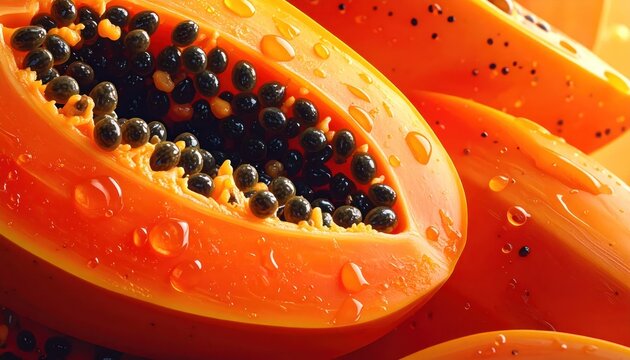 Close-up of a Ripe Papaya Fruit Halved with Seeds.