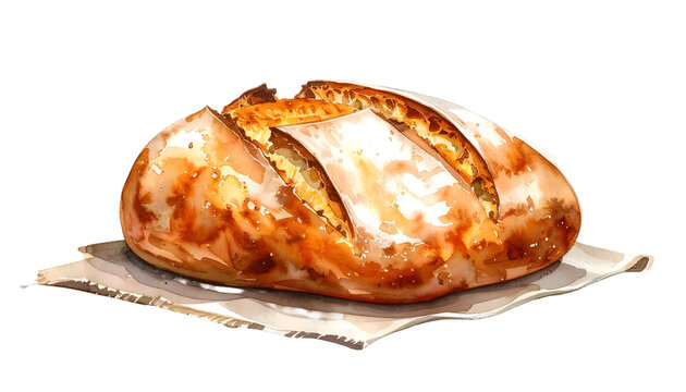 Watercolor depiction of a freshly baked loaf of bread resting on a parchment square